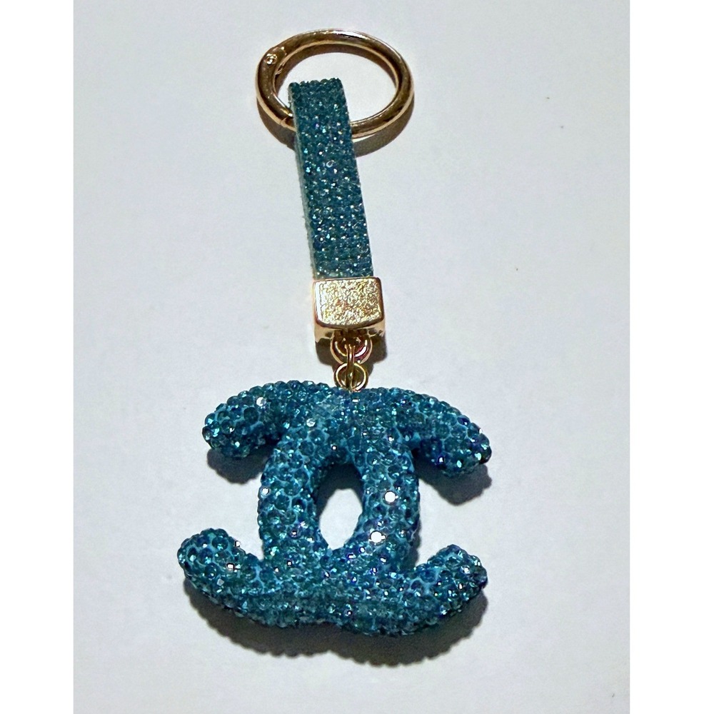 Interlocking C Keychain Turquoise Blue Crystal Gold Bag Charm
